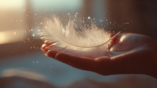 Main délicate tenant une plume blanche lumineuse, symbole de signe subtil envoyé par un animal disparu.