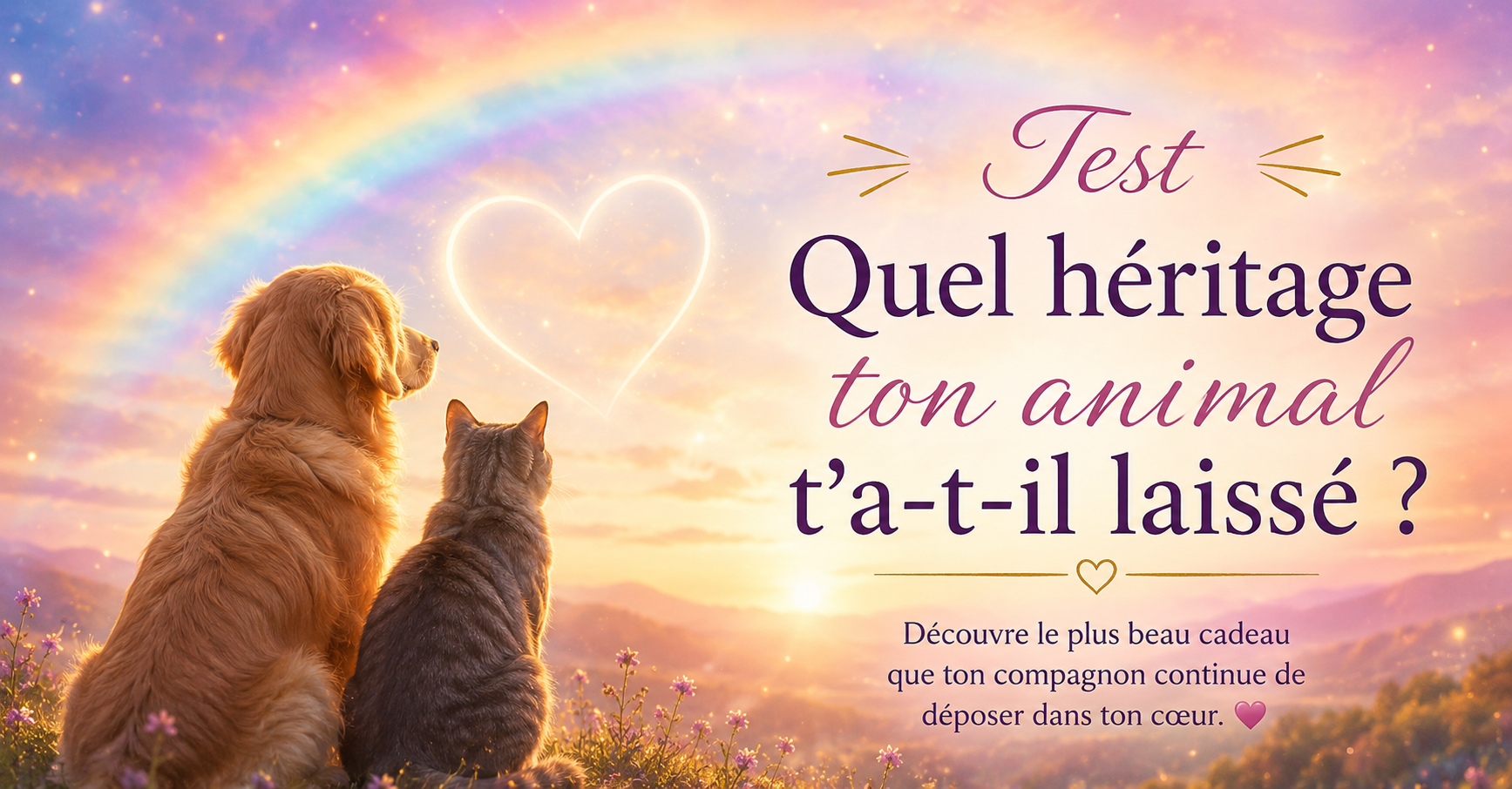 Illustration du test "Quel héritage ton animal t'a-t-il laissé ?" avec un chien, un chat et un arc-en-ciel, symbole du deuil animalier, de l'amour éternel et de la communication animale.