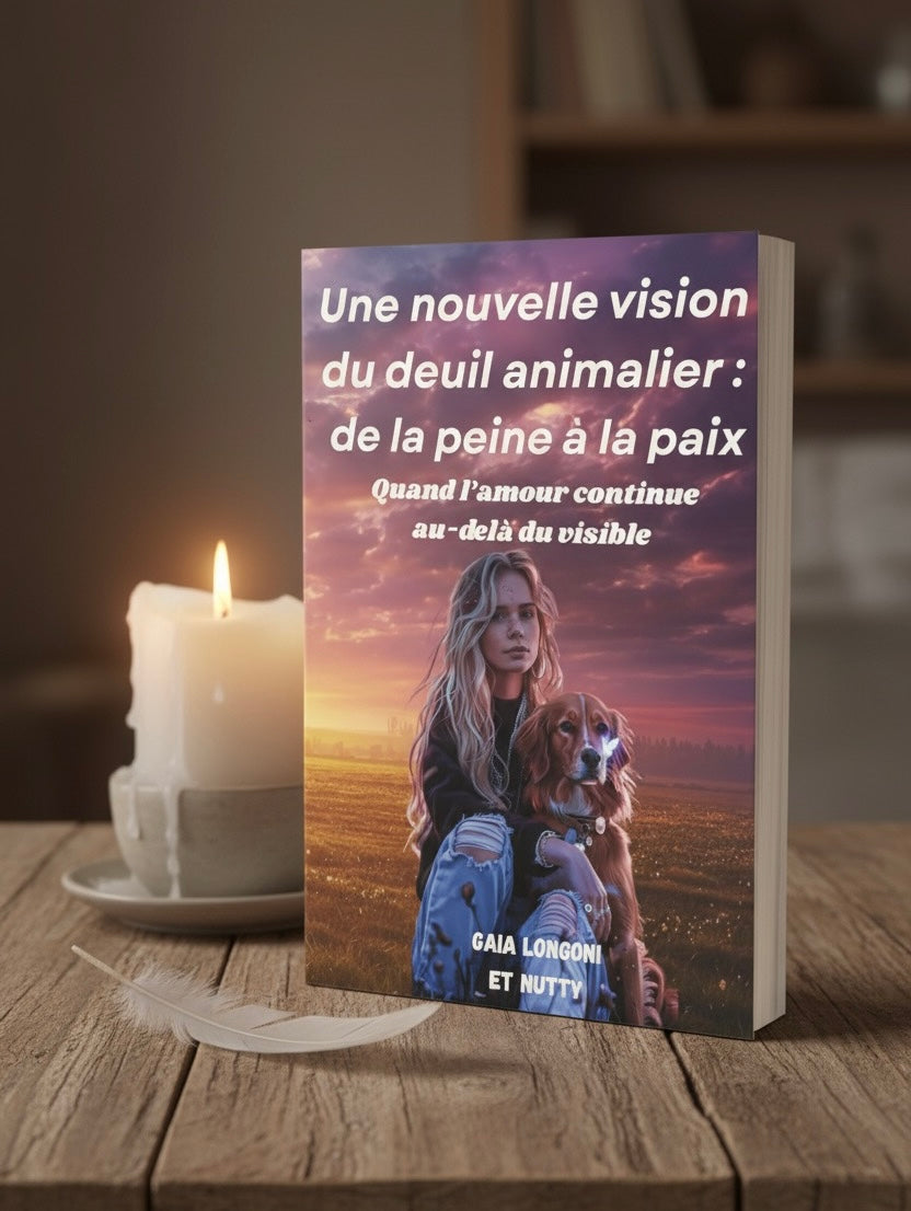 Couverture du livre “Une nouvelle vision du deuil animalier” posée sur une table en bois, à côté d’une bougie allumée et d’une plume blanche. Le visuel montre une femme assise avec un chien dans un champ au coucher du soleil.