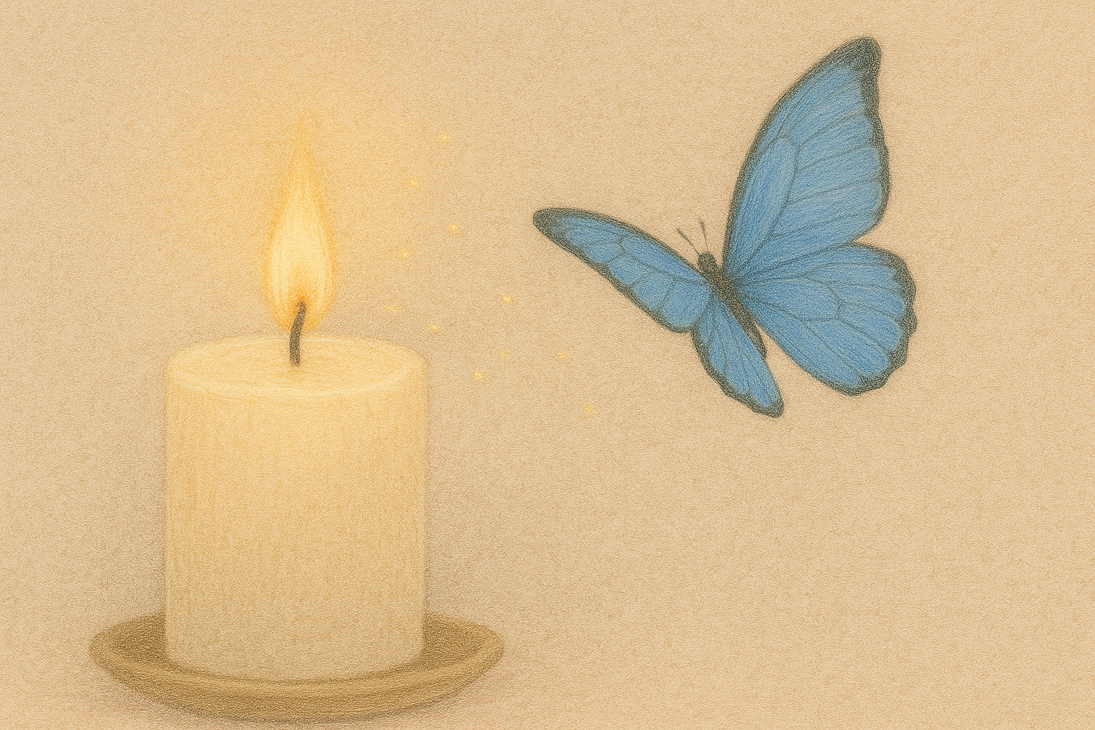 Bougie allumée et papillon bleu sur fond beige rosé - image poétique symbolisant la consolation, la lumière du souvenir et le lien entre l'humain et son animal.