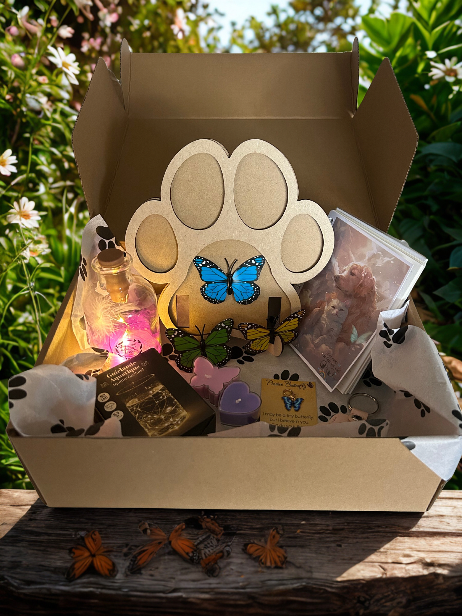 Coffret du deuil animalier présenté dans une boîte ouverte, avec une grande empreinte dorée décorée de papillons bleus, une petite lanterne lumineuse rose, une photo souvenir de l’animal, des décorations en forme de pattes, des papillons et des petits objets de réconfort, posé en extérieur dans un jardin ensoleillé.