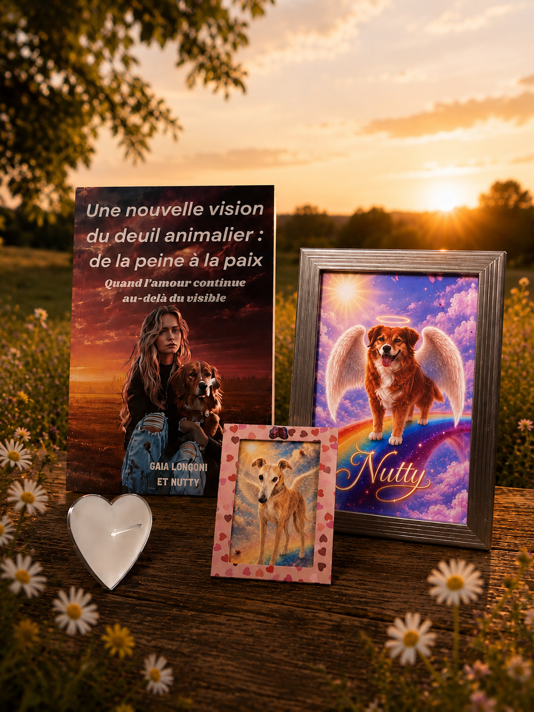 Coffret souvenir personnalisé pour le deuil animalier – Livre, marque-page photo, cadre photo et bougie | Gaia Longoni & Nutty
