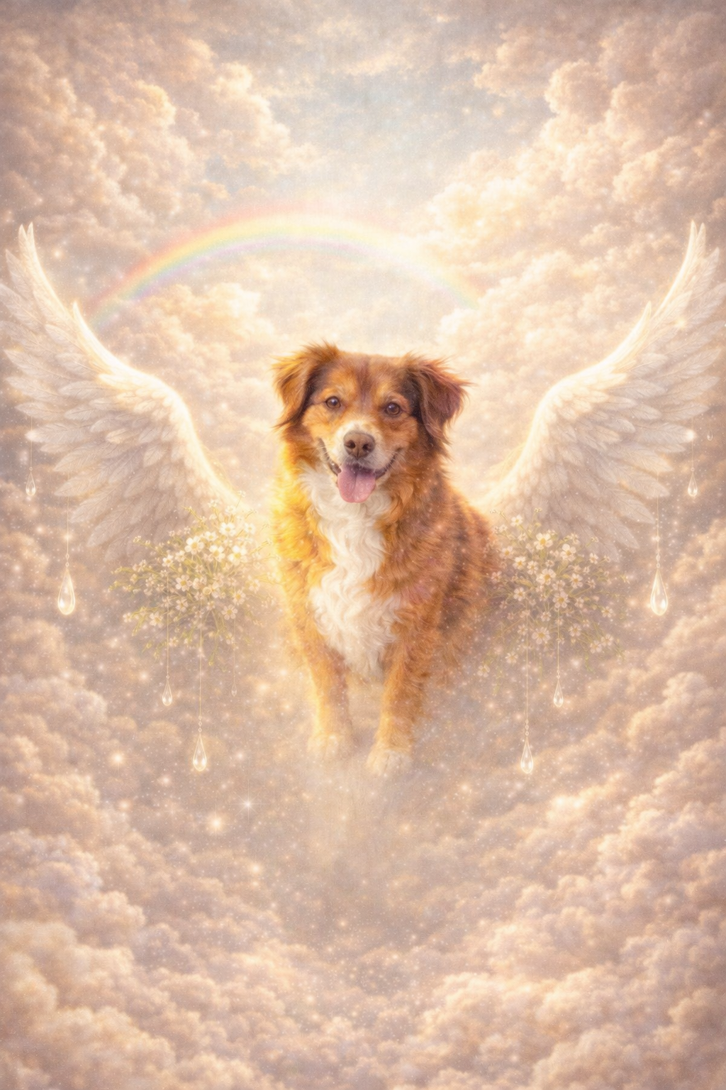 Portrait souvenir personnalisé d’un chien aux ailes lumineuses dans les nuages, symbole de protection et de présence, création Les Mots de l’Arc-en-Ciel