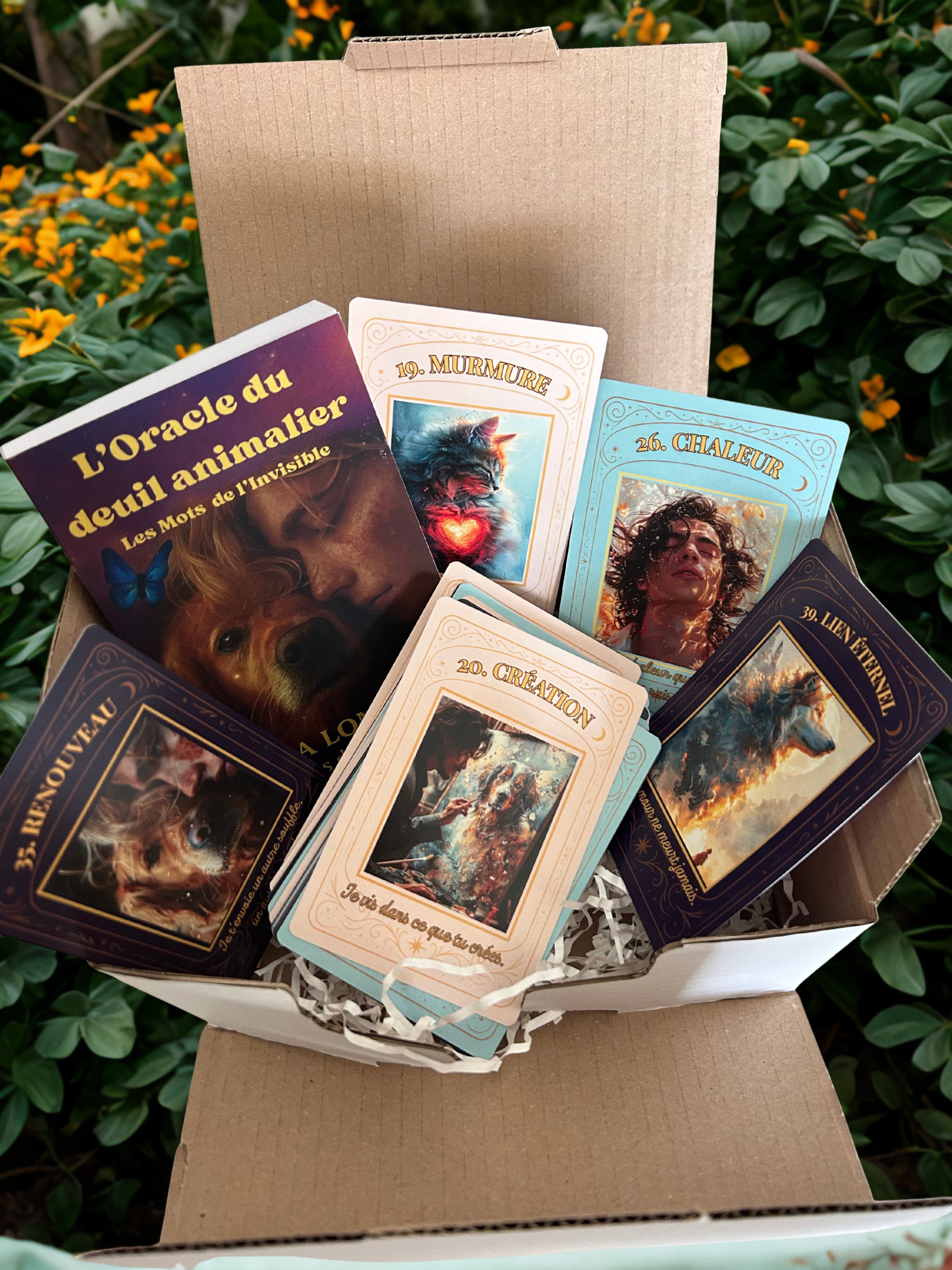 Coffret de L’Oracle du deuil animalier avec cartes illustrées et livret, créé pour accompagner le deuil d’un animal et maintenir le lien après la perte