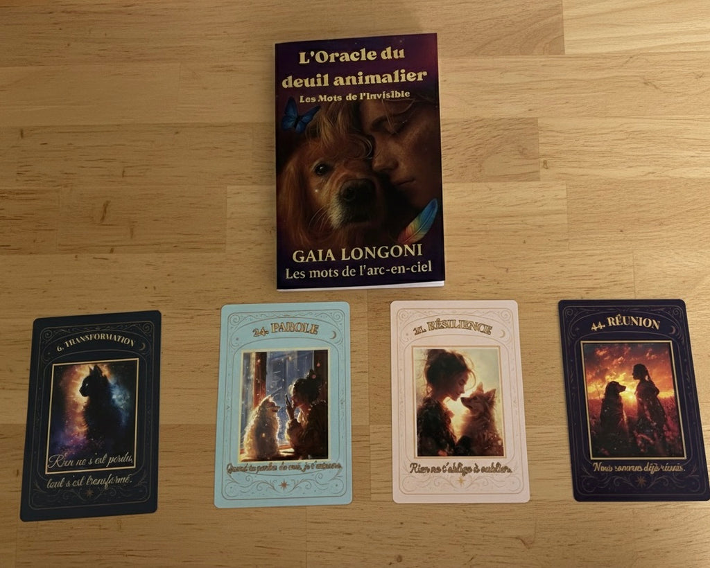 Exemples de cartes de L’Oracle du deuil animalier disposées avec le livret, illustrant des messages de transformation, présence et réunion après la perte d’un animal