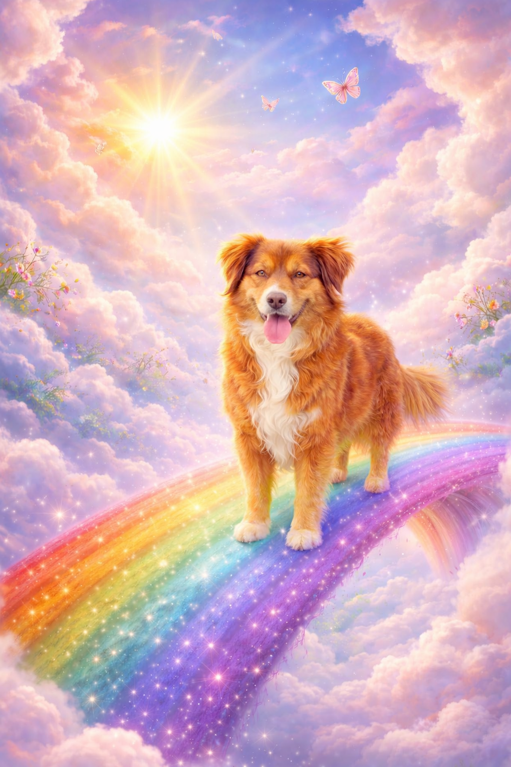 Portrait souvenir personnalisé d’un chien marchant sur le pont de l’arc-en-ciel, entouré de nuages et de lumière, création Les Mots de l’Arc-en-Ciel