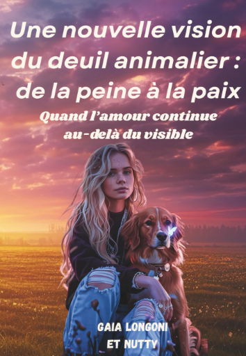 Femme avec chien au coucher du soleil, image de deuil animalier. Couverture du livre sur la perte d’un chien ou d’un chat, signes après décès, lien d’âme, rituels, apaisement et accompagnement du deuil.