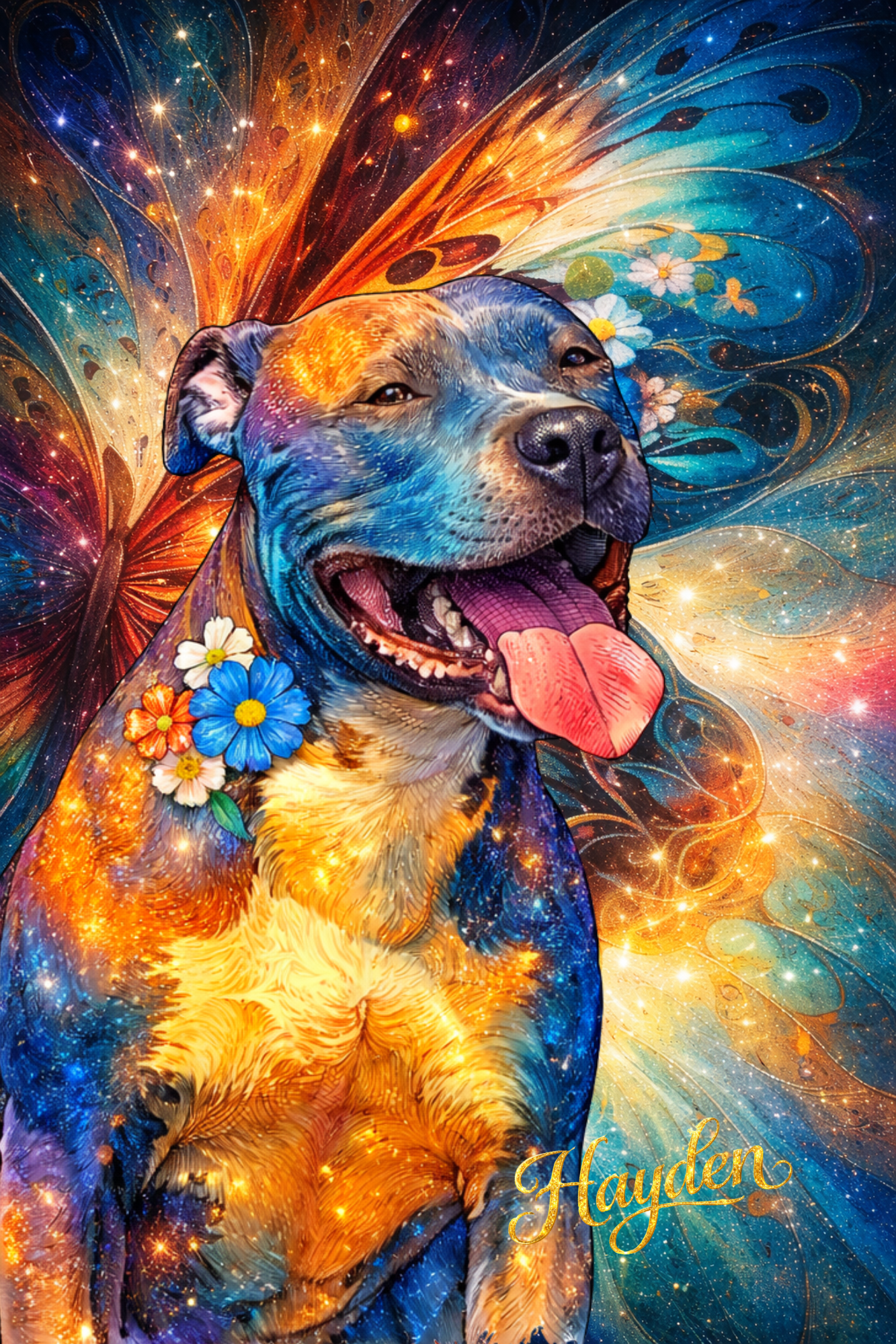 Portrait artistique personnalisé d’un chien lumineux et coloré, symbole du lien et du passage, création Les Mots de l’Arc-en-Ciel