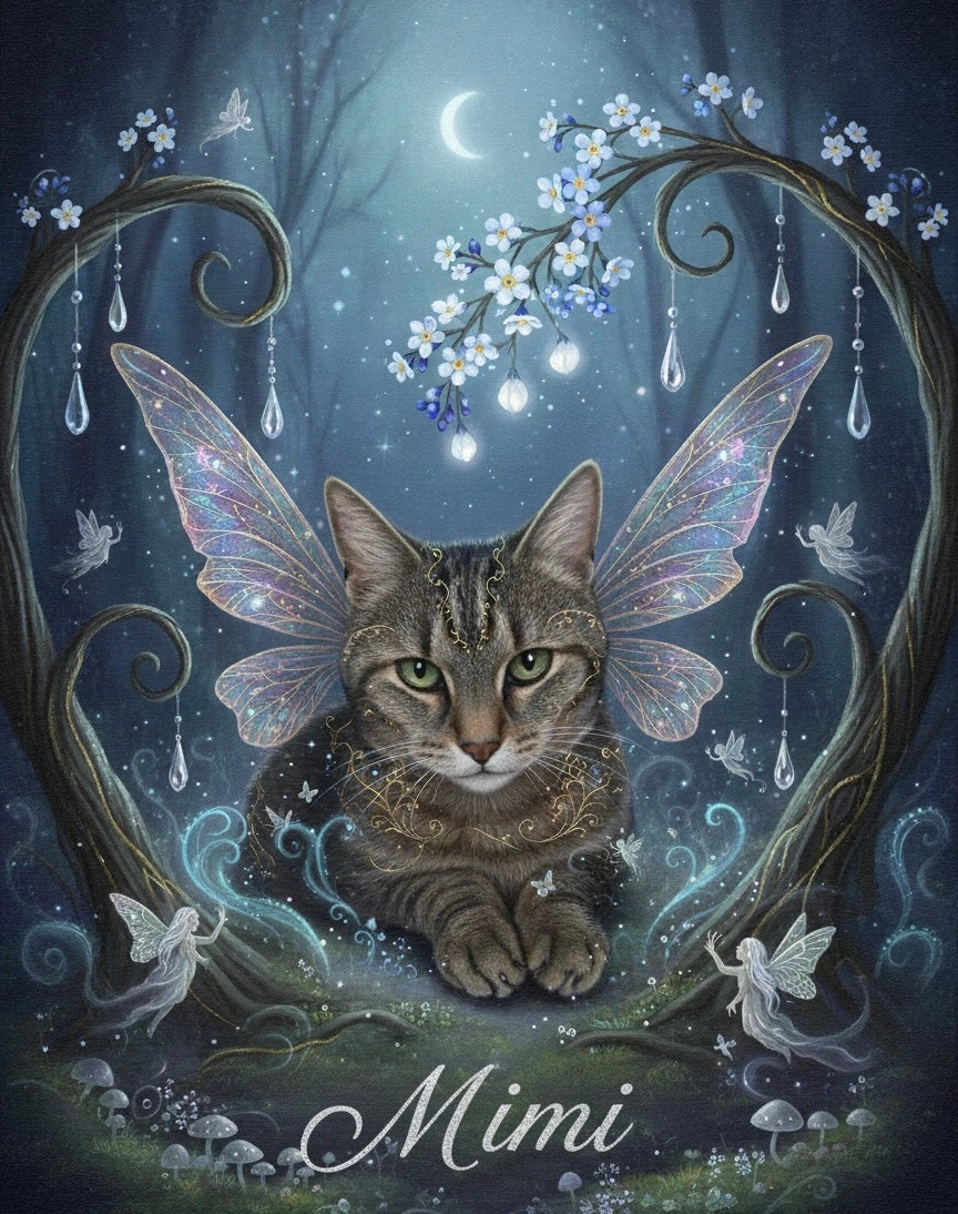 Portrait souvenir personnalisé d’un chat aux ailes féeriques dans un univers nocturne et végétal, symbole de présence et de lien invisible, création Les Mots de l’Arc-en-Ciel