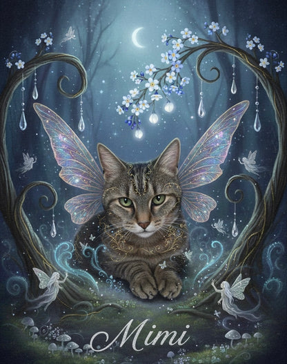 Portrait souvenir personnalisé d’un chat aux ailes féeriques dans un univers nocturne et végétal, symbole de présence et de lien invisible, création Les Mots de l’Arc-en-Ciel