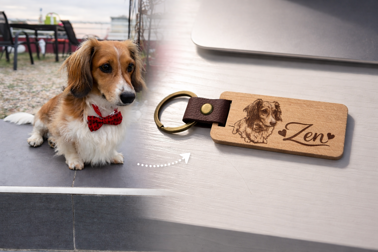 Porte-clés en bois personnalisé avec portrait gravé de votre animal