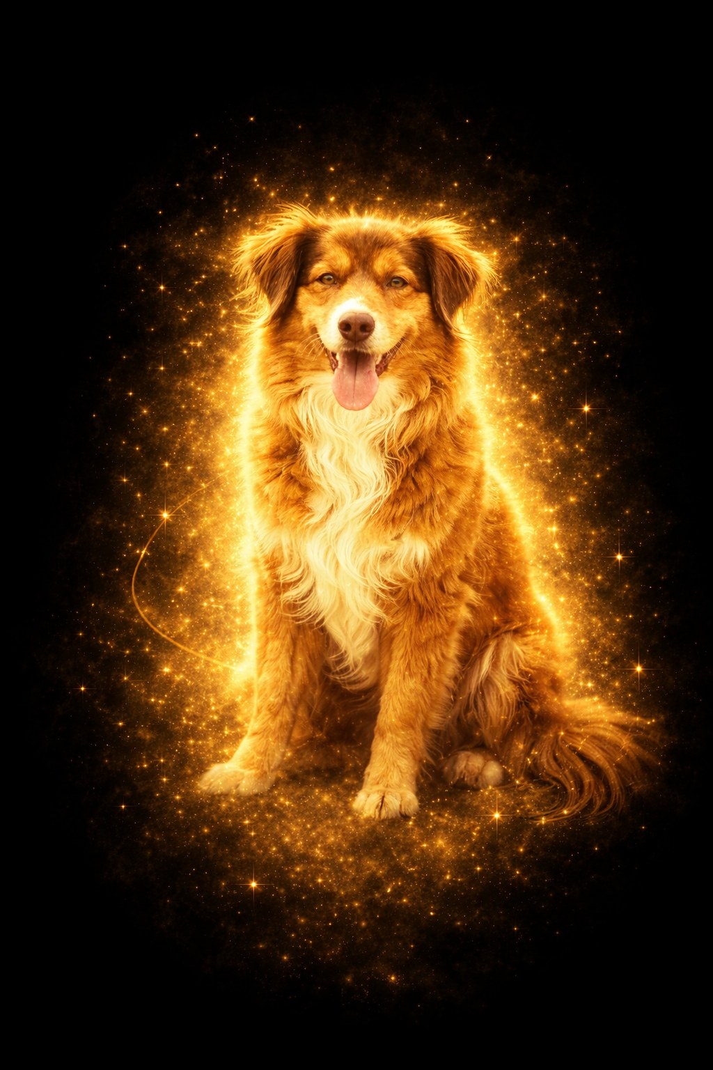 Portrait souvenir personnalisé d’un chien entouré d’une lumière dorée sur fond sombre, symbole de présence et de lien, création Les Mots de l’Arc-en-Ciel