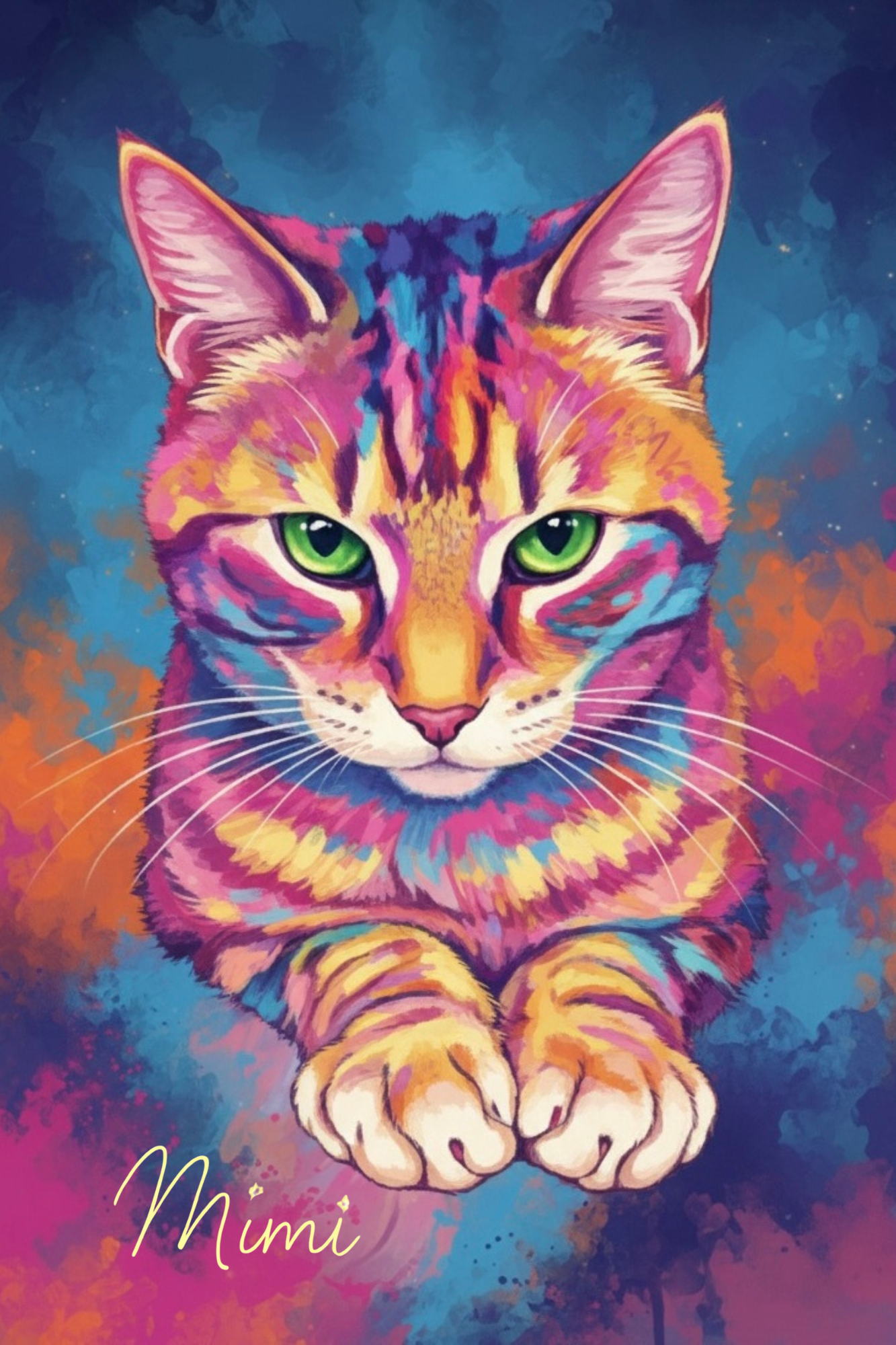 Portrait souvenir personnalisé d’un chat coloré aux tons lumineux, regard apaisant et présence joyeuse, création Les Mots de l’Arc-en-Ciel
