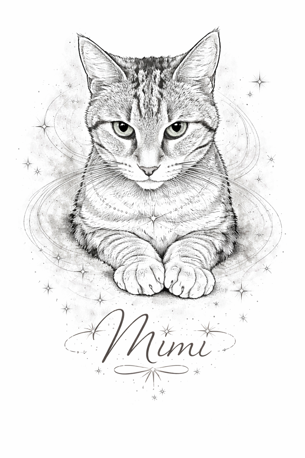 Portrait souvenir personnalisé d’un chat dessiné en noir et blanc, style épuré et délicat, symbole de présence et de lien, création Les Mots de l’Arc-en-Ciel