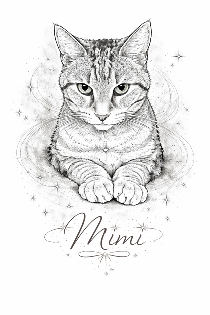 Portrait souvenir personnalisé d’un chat dessiné en noir et blanc, style épuré et délicat, symbole de présence et de lien, création Les Mots de l’Arc-en-Ciel