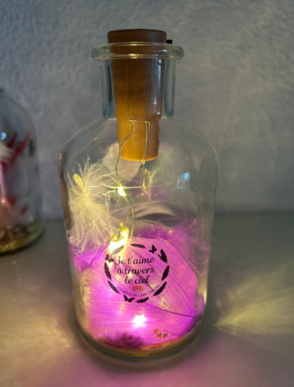 Bouteille lumineuse souvenir posée sur une table en bois au soleil, remplie de petites lumières et décorée d’un message symbolique — création destinée à honorer la mémoire d’un animal.
