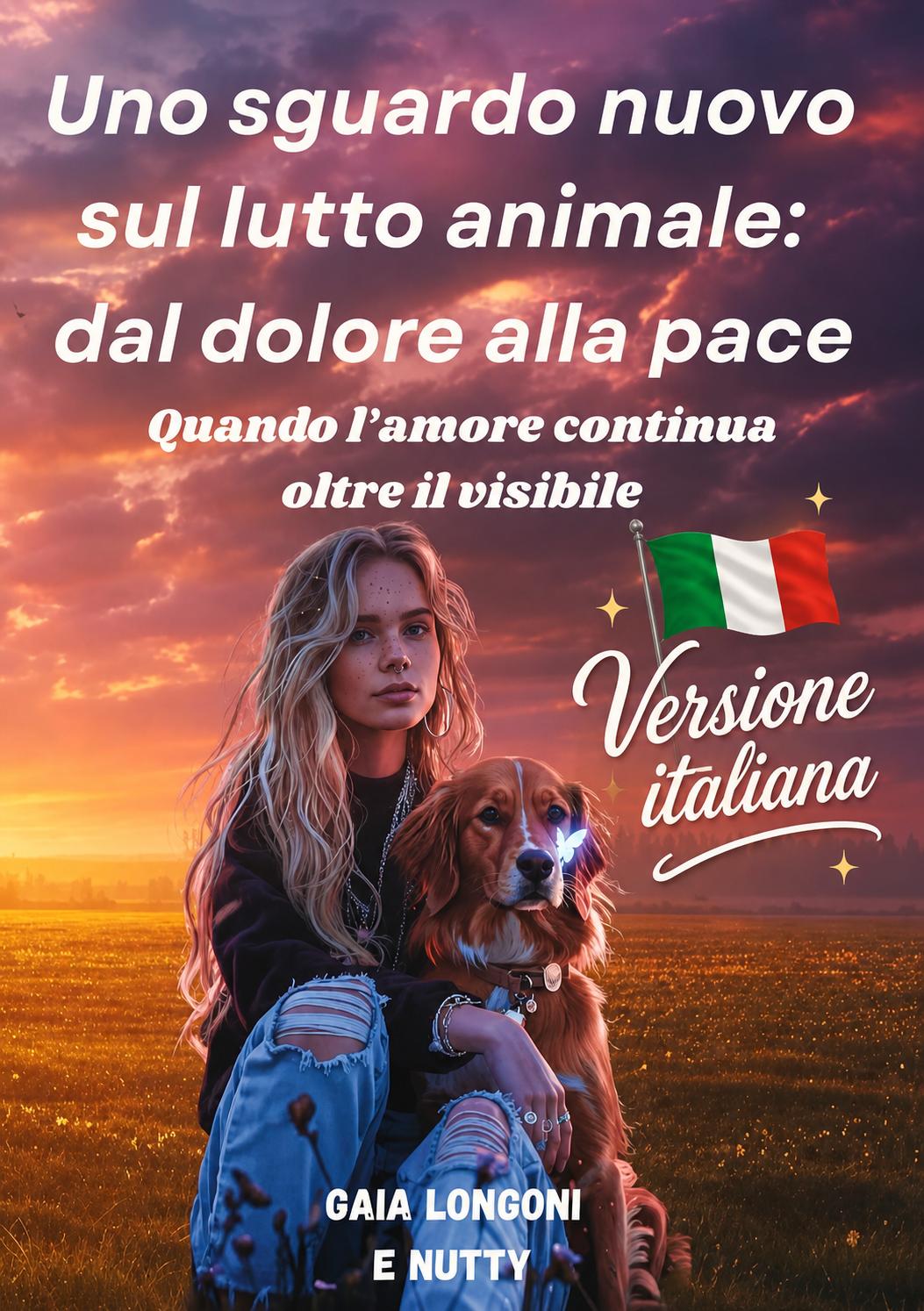 Libro sul lutto animale "Uno sguardo nuovo sul lutto animale: dal dolore alla pace" di Gaia Longoni, copertina con donna e cane al tramonto, tema amore e continità del legame