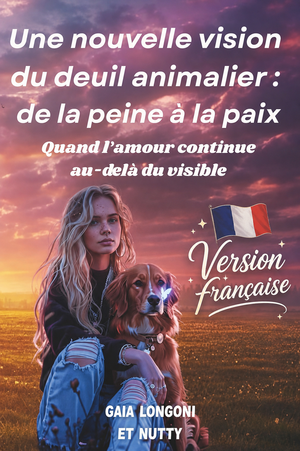 Livre deuil animalier "Une nouvelle vision du deuil animalier : de la peine a la paix" de Gaia Longoni, couverture avec femme et chien au coucher de soleil, lien d ame et spiritualite