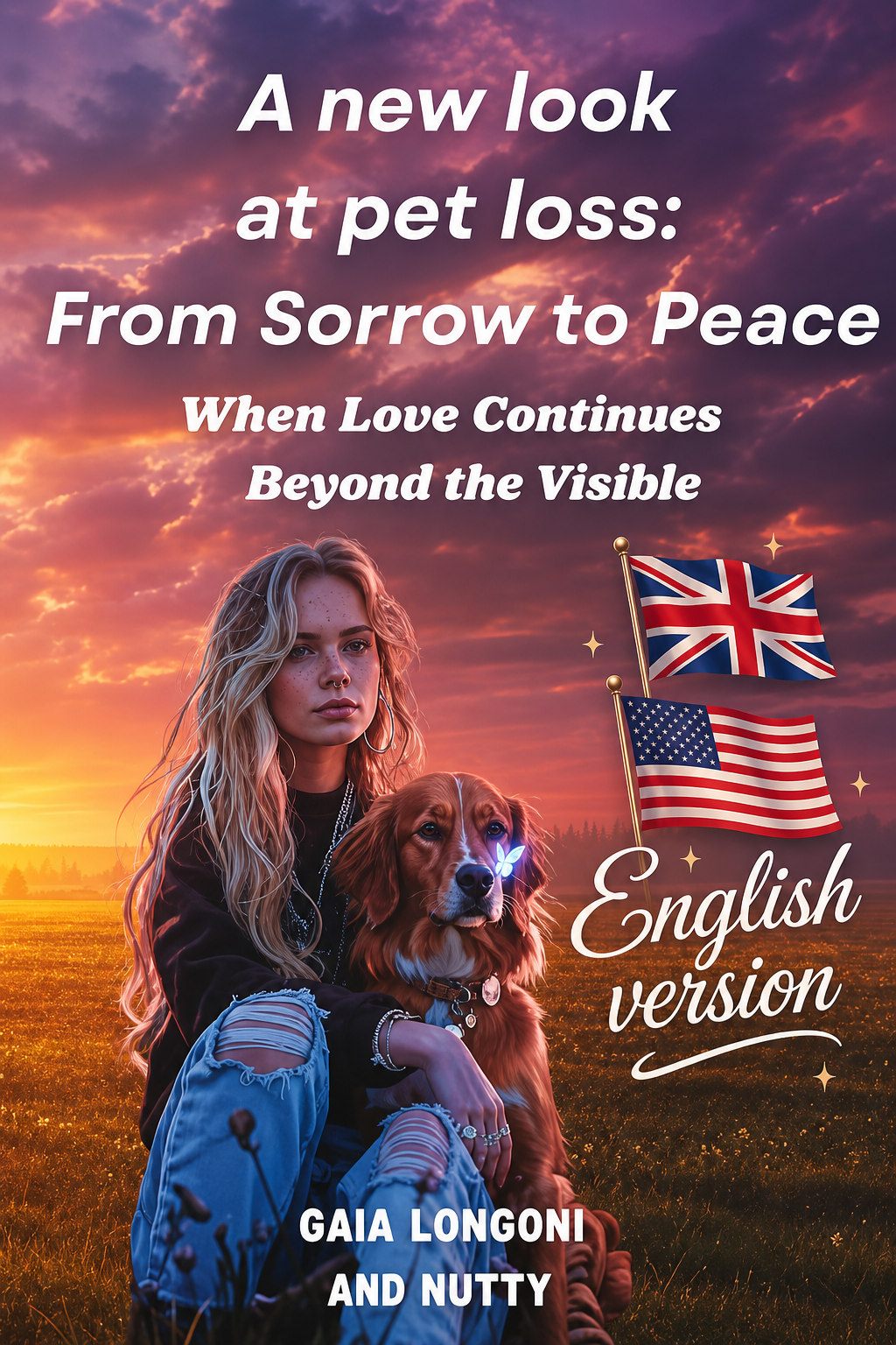 Book cover about pet loss titled "From Sorrow to Peace", showing a woman with her dog at sunset, symbolizing love continuing beyond death – English version by Gaia Longoni.