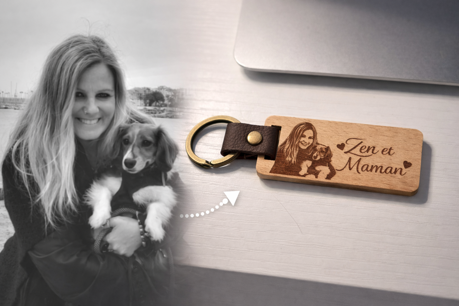 Porte-clés en bois personnalisé avec portrait gravé de votre animal