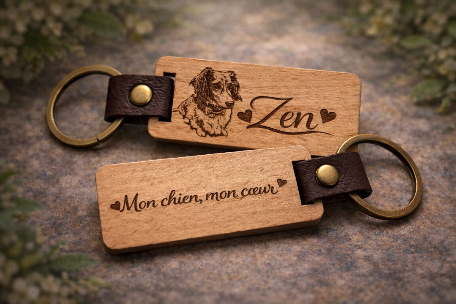 Porte-clés en bois personnalisé avec portrait gravé de votre animal