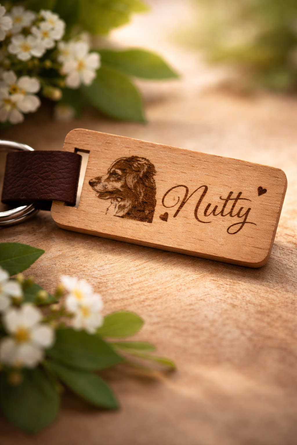 Porte-clé en bois personnalisé pour deuil animalier, souvenir d’un chien décédé avec gravure du portrait et prénom.