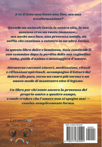 Retro copertina libro sul lutto animale di Gaia Longoni con testo emozionale sulla perdita di un animale e continuita del legame, cielo al tramonto